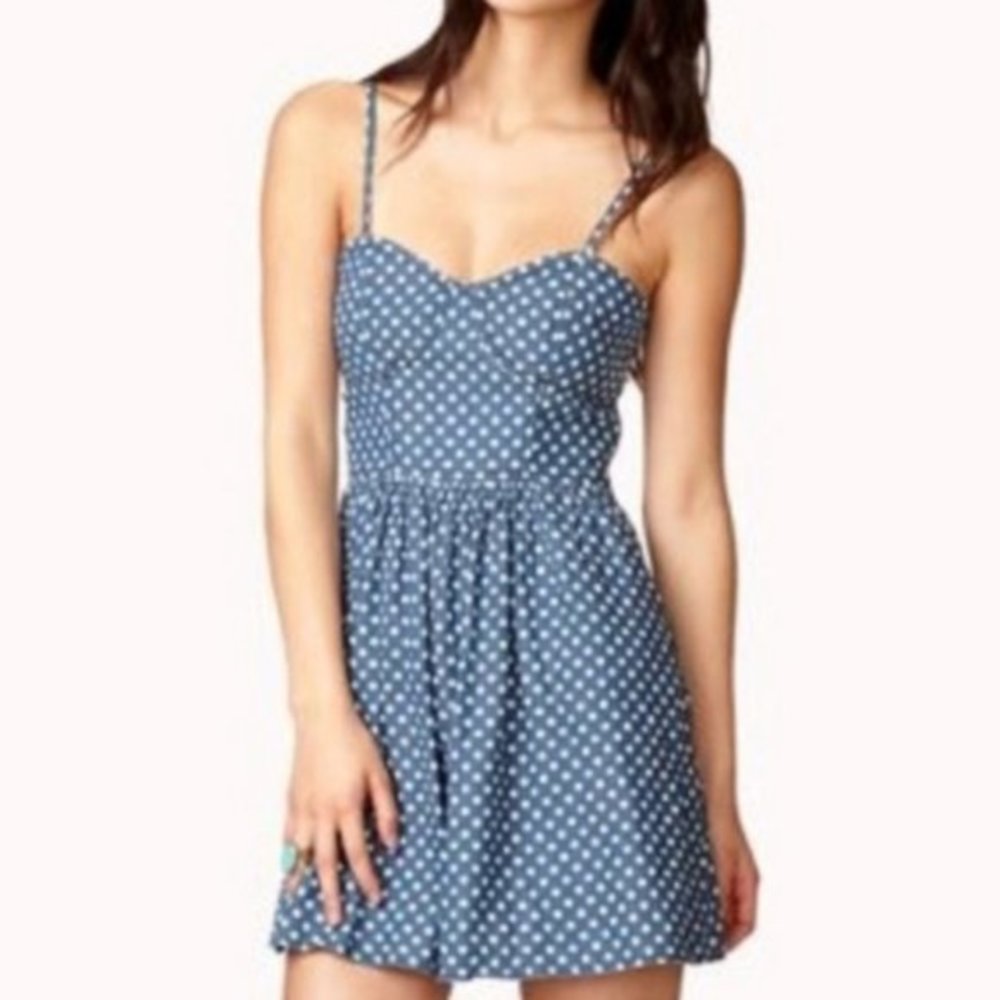 Fitted Denim Polka Dot Spaghetti Strap Dress